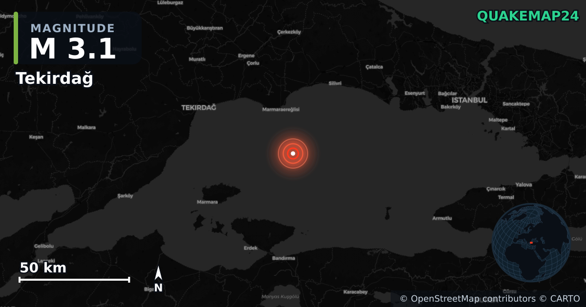 M3.1 earthquake near Tekirdağ on Oct 2, 2025 — map of epicenter and shaking intensity | QuakeMap24