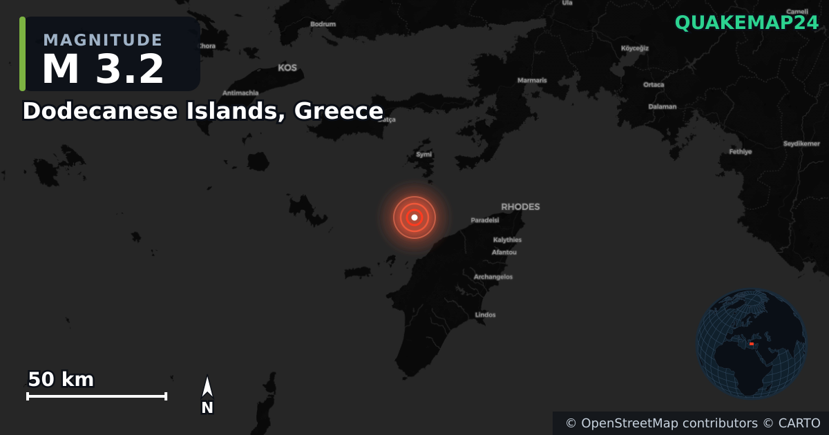 M3.2 earthquake near Dodecanese Islands, Greece on Sep 6, 2025 — map of epicenter and shaking intensity | QuakeMap24