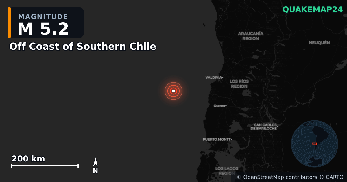 Off Coast of Southern Chile yakınında M5,2 deprem — Deprem merkez üssünün konumunu gösteren harita