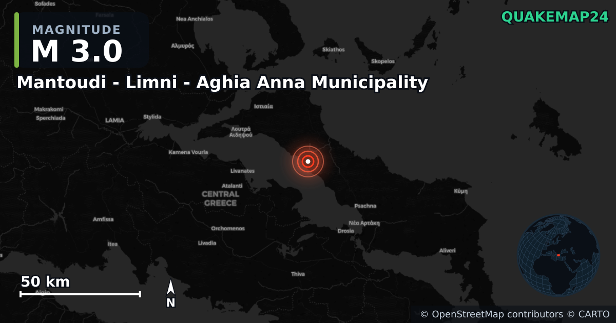 M3.0 earthquake near Mantoudi - Limni - Aghia Anna Municipality on Aug 8, 2026 — map of epicenter and shaking intensity | QuakeMap24