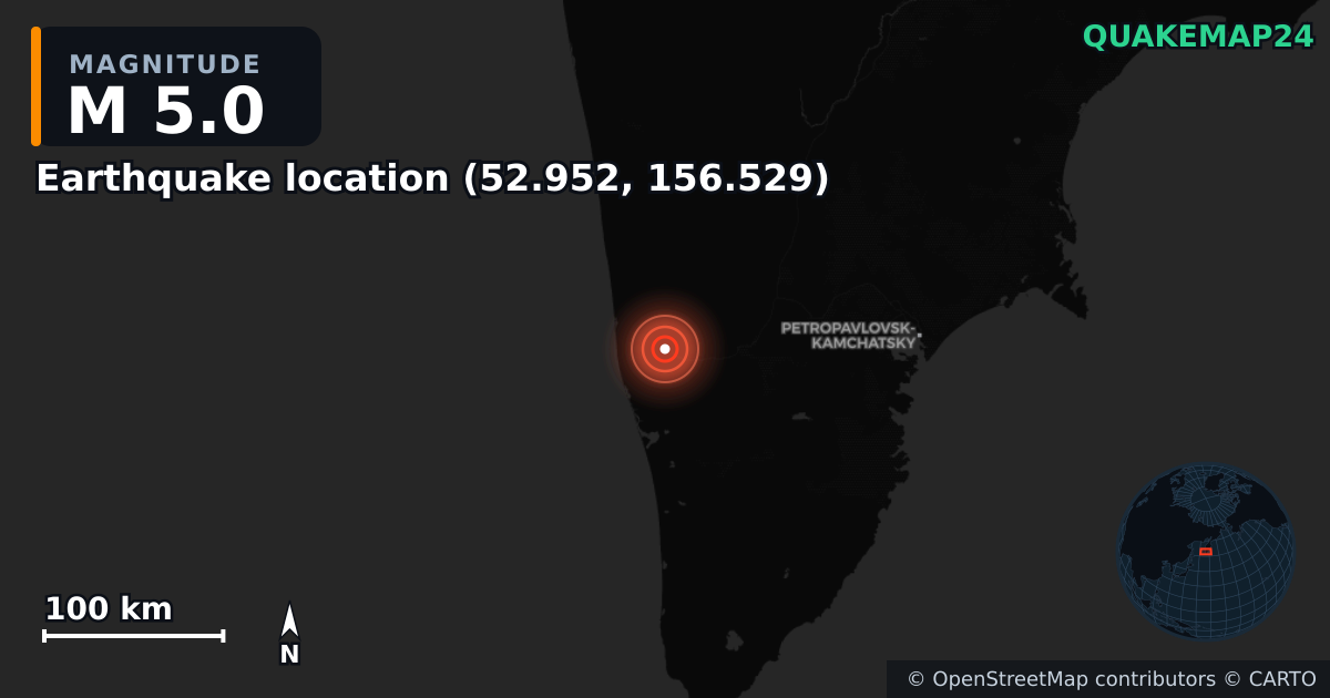 M5.0 earthquake near Deprem konumu (52.952, 156.529) on Aug 3, 2025 — map of epicenter and shaking intensity | QuakeMap24