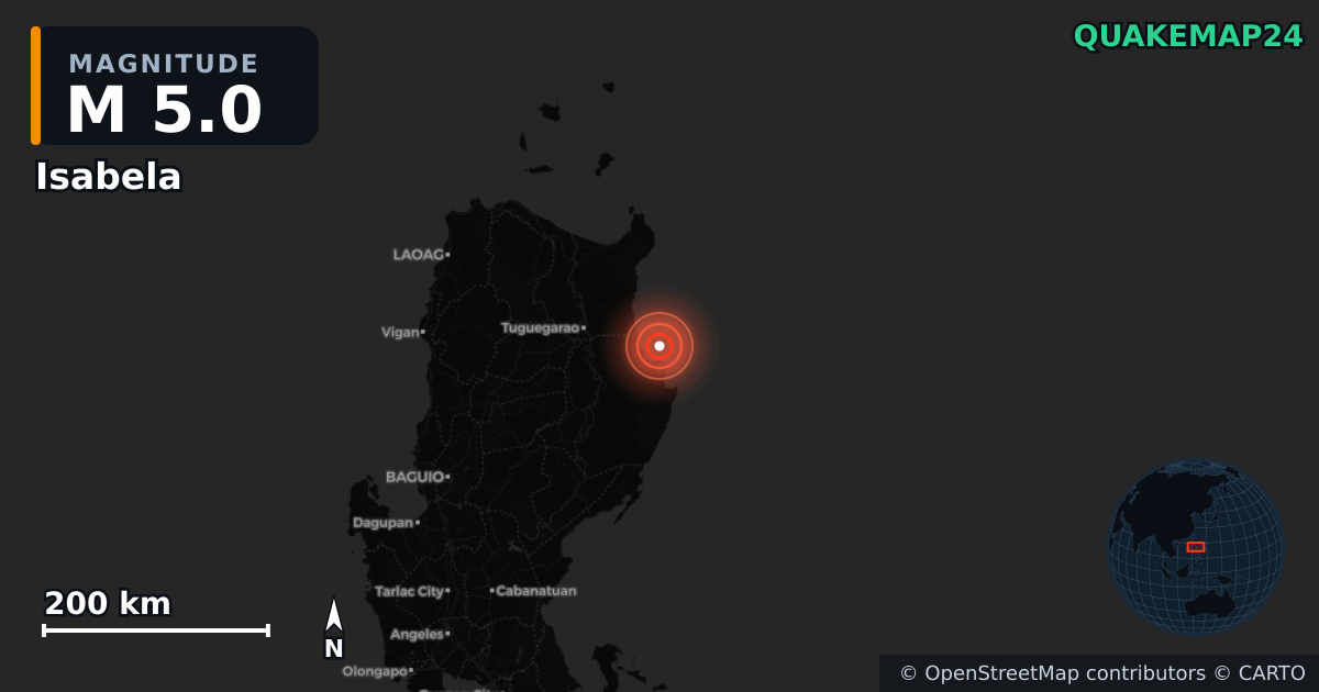 M5.0 earthquake near Isabela on Oct 10, 2025 — map of epicenter and shaking intensity | QuakeMap24