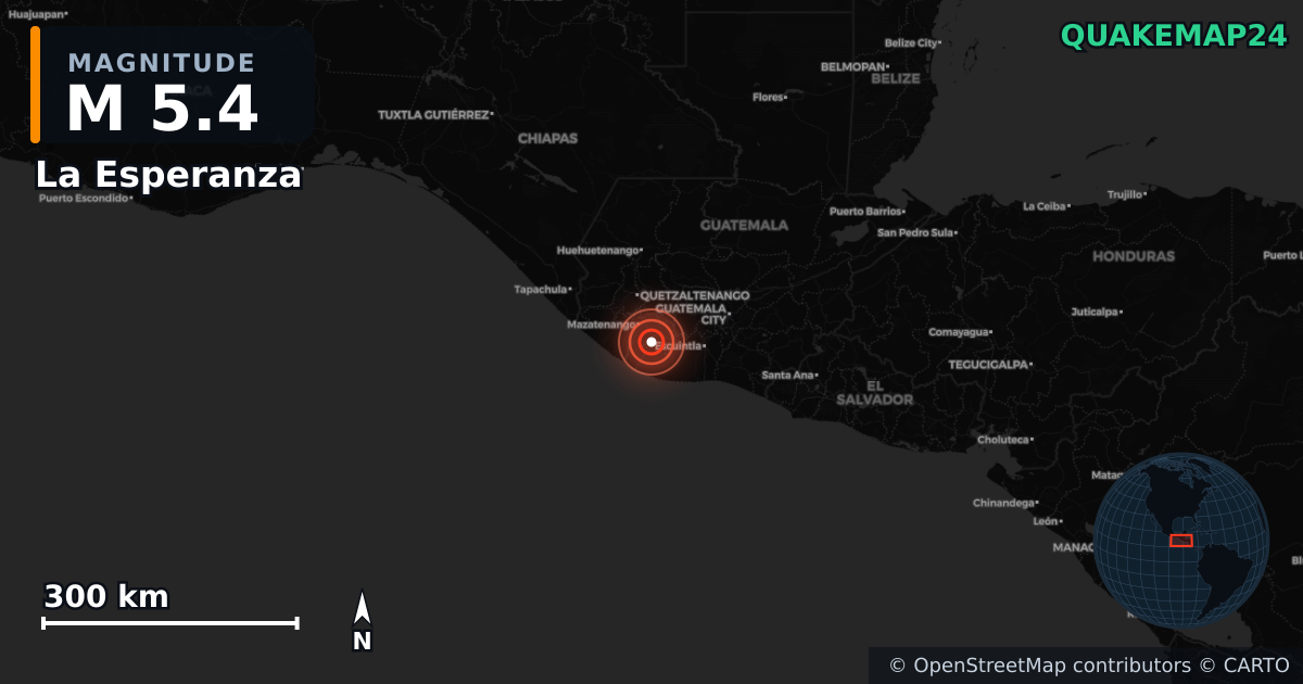 M5.4 earthquake near La Esperanza on Feb 5, 2025 — map of epicenter and shaking intensity | QuakeMap24