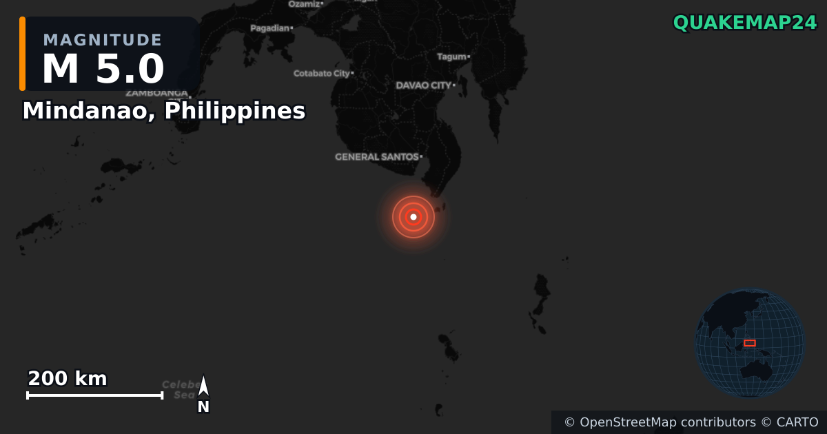M5.0 earthquake near Mindanao, Philippines on Jun 25, 2026 — map of epicenter and shaking intensity | QuakeMap24