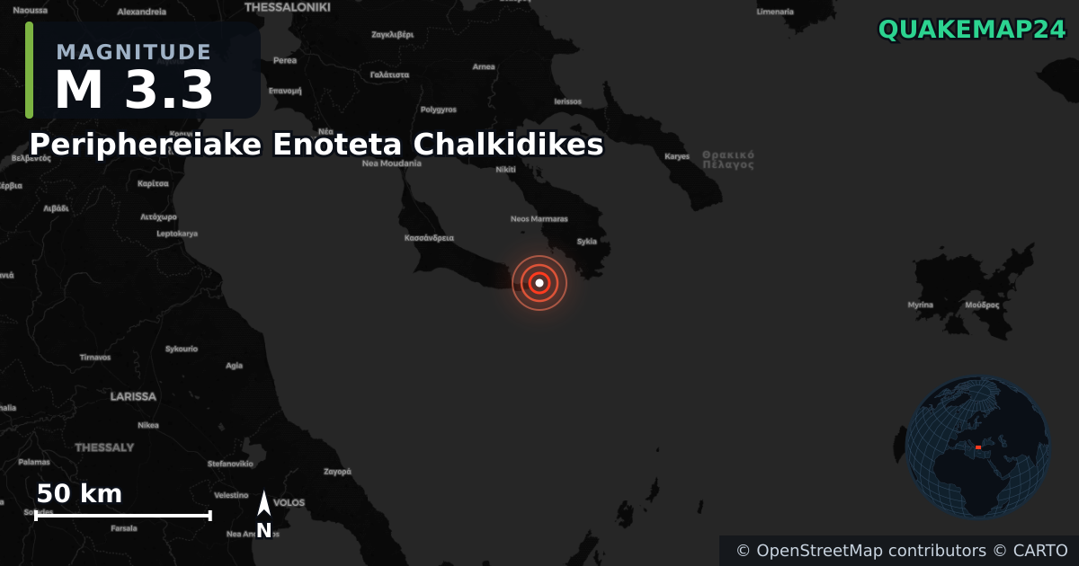 M3.3 earthquake near Periphereiake Enoteta Chalkidikes on Jan 15, 2026 — map of epicenter and shaking intensity | QuakeMap24