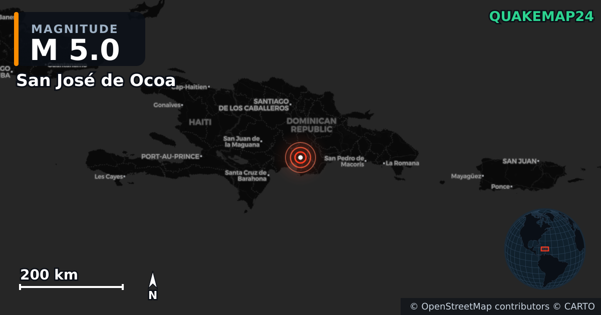 M5.0 earthquake near San José de Ocoa on Oct 20, 2025 — map of epicenter and shaking intensity | QuakeMap24