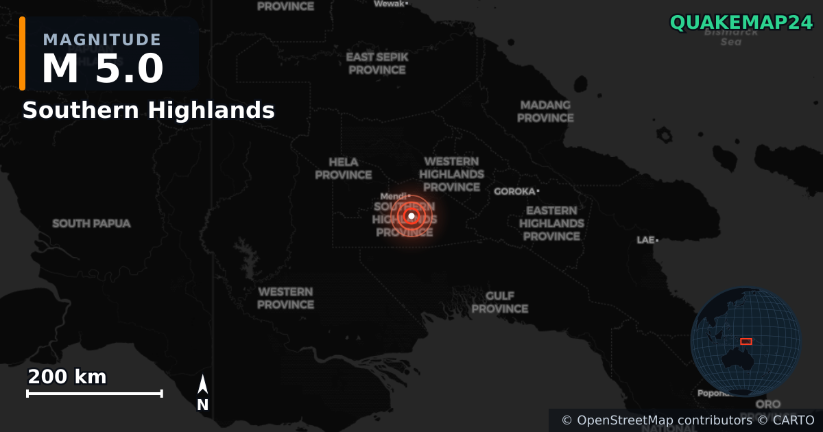 M5.0 earthquake near Southern Highlands on Jan 3, 2026 — map of epicenter and shaking intensity | QuakeMap24