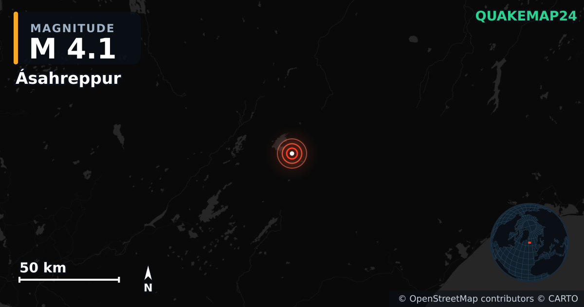 M4.1 earthquake near Ásahreppur on May 25, 2026 — map of epicenter and shaking intensity | QuakeMap24