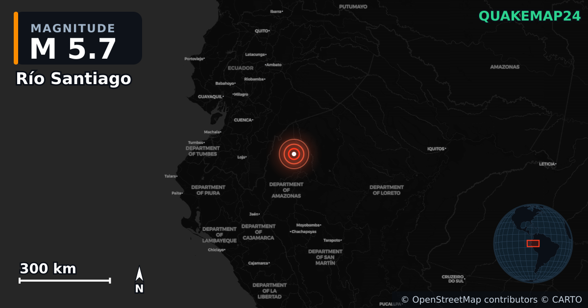 M5.7 earthquake near Río Santiago on Jan 8, 2026 — map of epicenter and shaking intensity | QuakeMap24