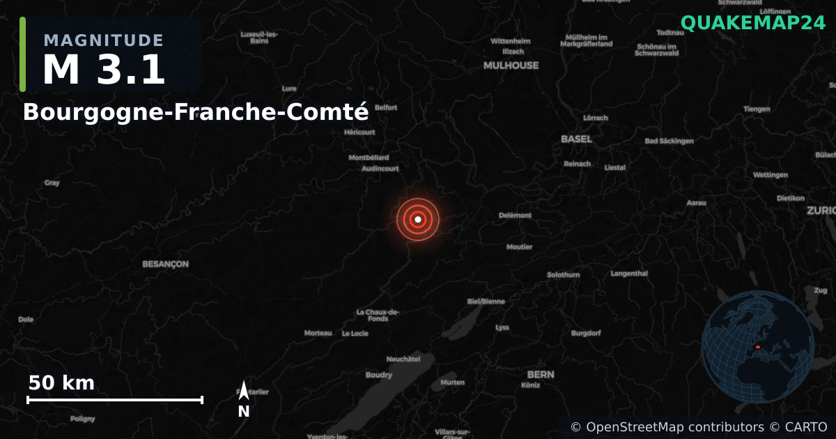 M3.1 earthquake near Bourgogne-Franche-Comté on Sep 18, 2025 — map of epicenter and shaking intensity | QuakeMap24