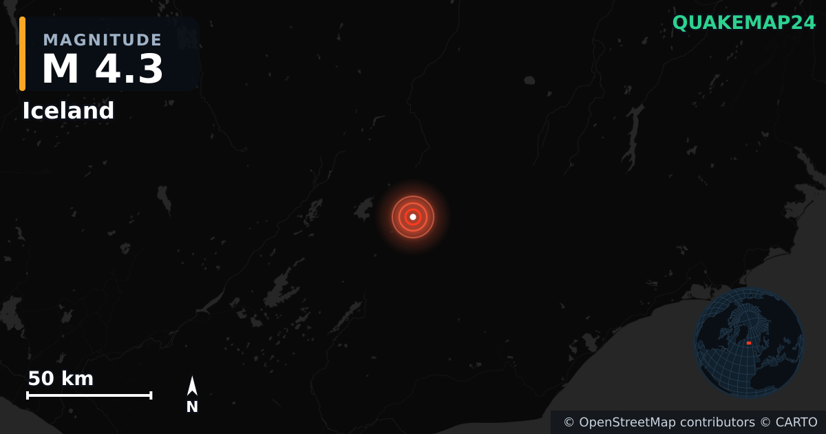 M4.3 earthquake near Iceland on Oct 12, 2025 — map of epicenter and shaking intensity | QuakeMap24