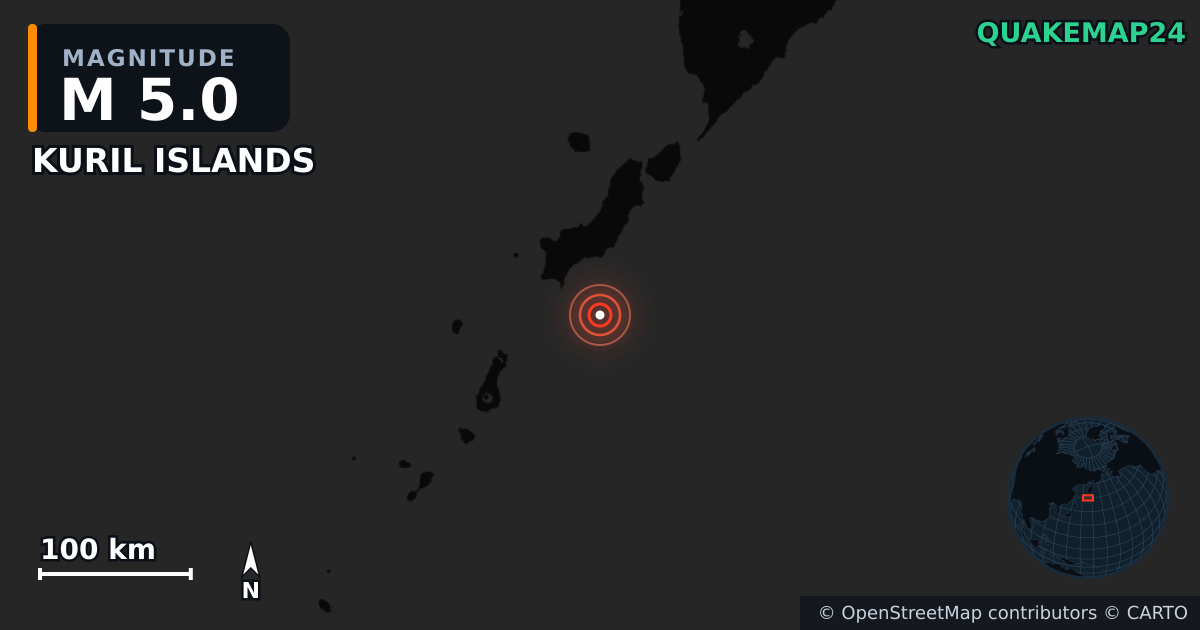 M5.0 earthquake near KURIL ISLANDS on Aug 9, 2025 — map of epicenter and shaking intensity | QuakeMap24