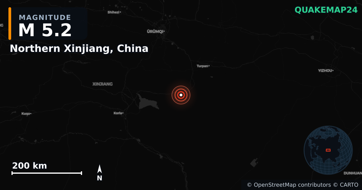 Erdbeben M5,2 bei Northern Xinjiang, China — Karte der Lage des Epizentrums