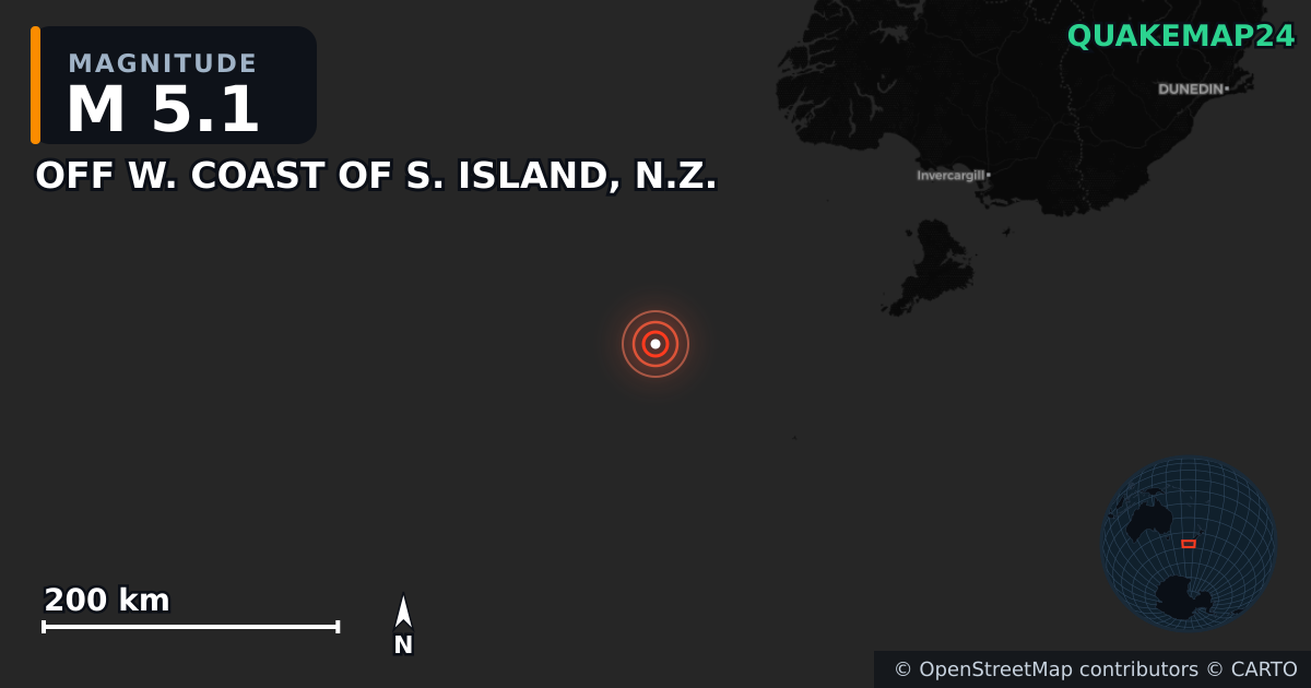 OFF W. COAST OF S. ISLAND, N.Z. yakınında M5,1 deprem — Deprem merkez üssünün konumunu gösteren harita