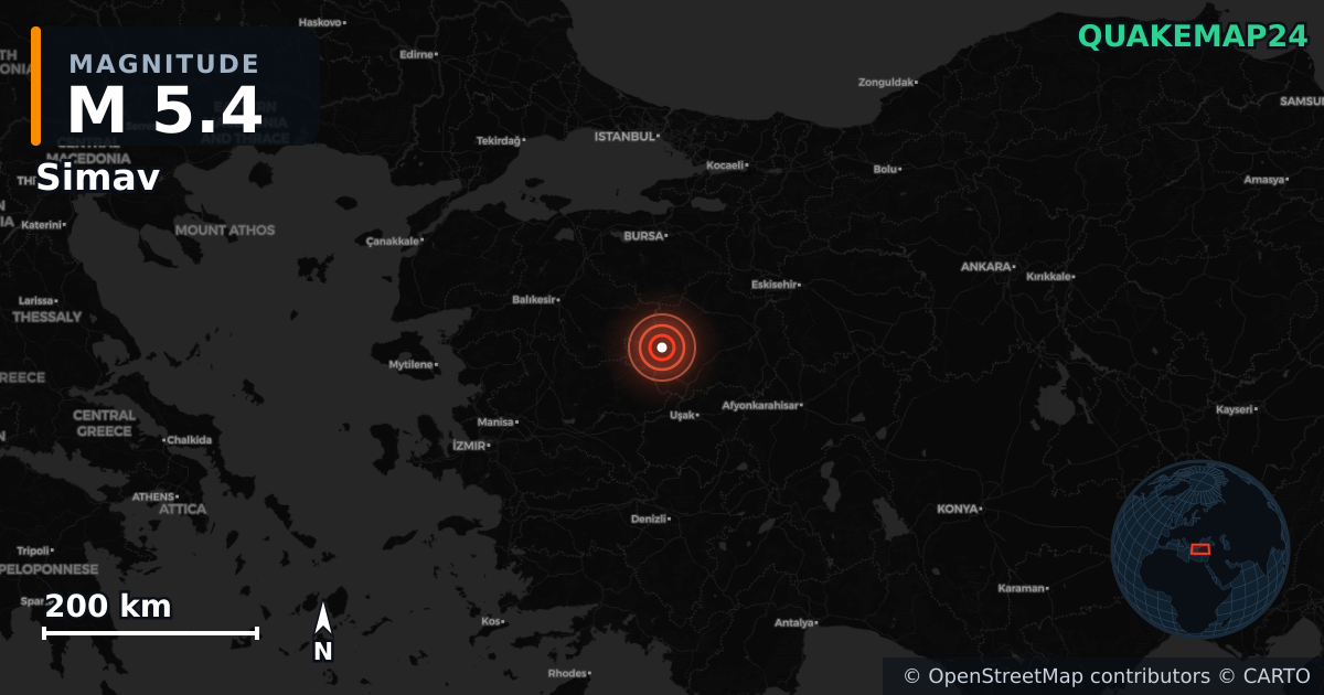 M5.4 earthquake near Simav on Sep 28, 2025 — map of epicenter and shaking intensity | QuakeMap24
