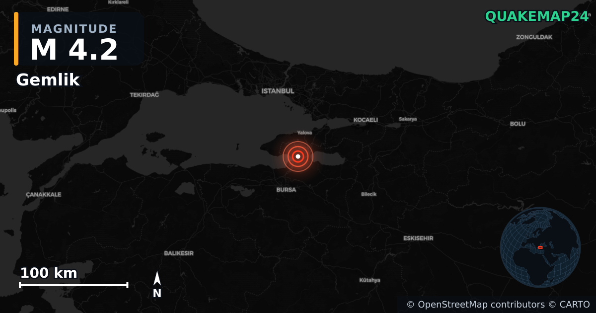 M4.2 earthquake near Gemlik on Jul 2, 2025 — map of epicenter and shaking intensity | QuakeMap24
