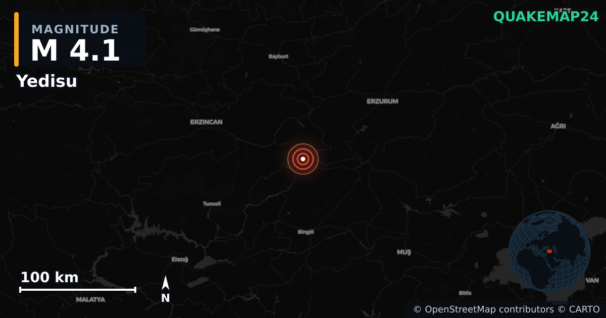 M4.1 earthquake near Yedisu on Apr 26, 2026 — map of epicenter and shaking intensity | QuakeMap24