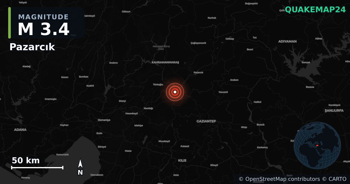 M3.4 earthquake near Pazarcık on Oct 6, 2025 — map of epicenter and shaking intensity | QuakeMap24