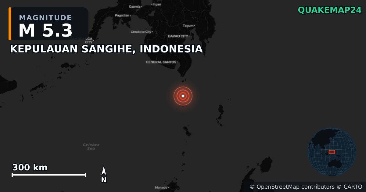 M5.3 earthquake near KEPULAUAN SANGIHE, INDONESIA on Jun 8, 2026 — map of epicenter and shaking intensity | QuakeMap24