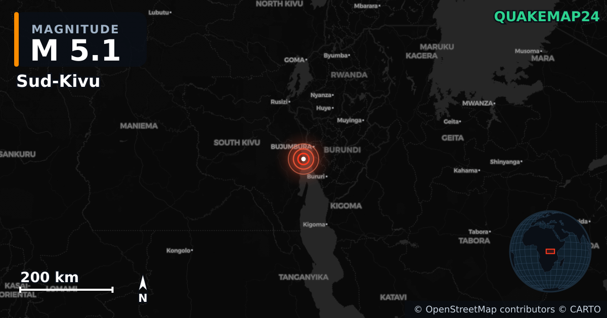 M5.1 earthquake near Sud-Kivu on Jul 28, 2025 — map of epicenter and shaking intensity | QuakeMap24
