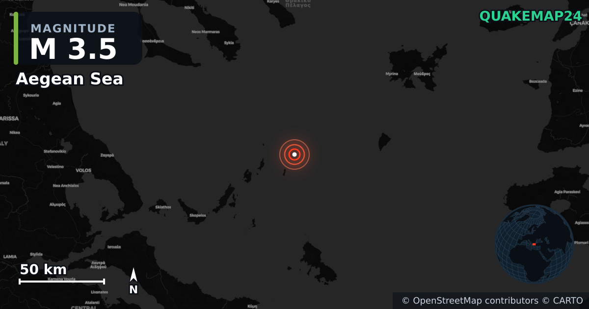 M3.5 earthquake near Aegean Sea on Jan 3, 2026 — map of epicenter and shaking intensity | QuakeMap24