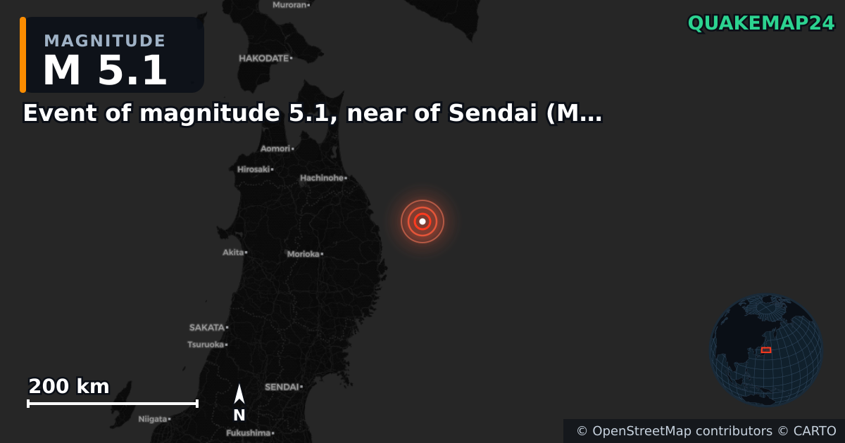 M5.1 earthquake near Event of magnitude 5.1, near of Sendai (Monde) on Nov 9, 2025 — map of epicenter and shaking intensity | QuakeMap24
