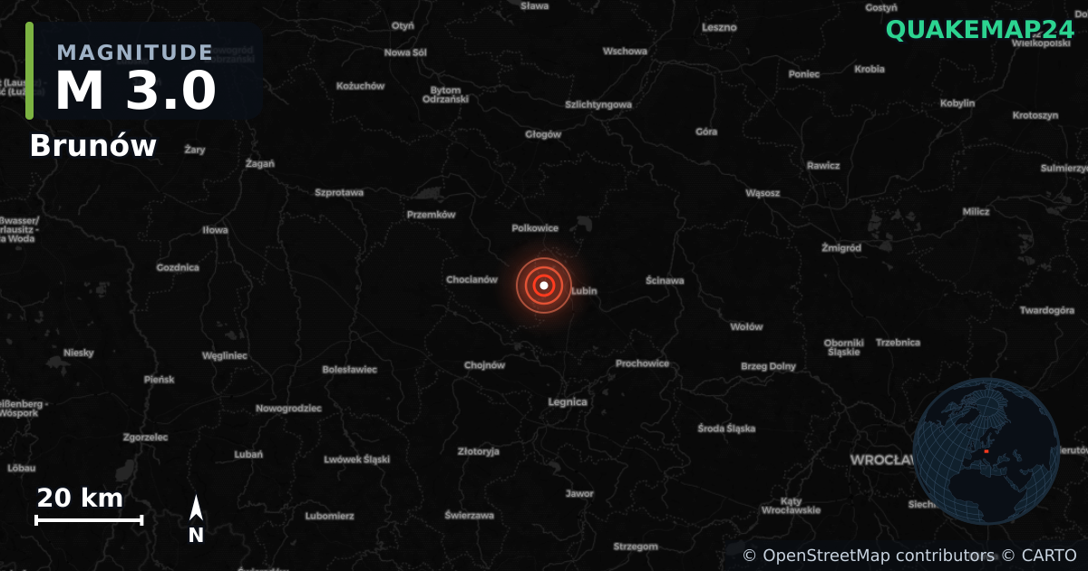 M3.0 earthquake near Brunów on Jan 10, 2025 — map of epicenter and shaking intensity | QuakeMap24