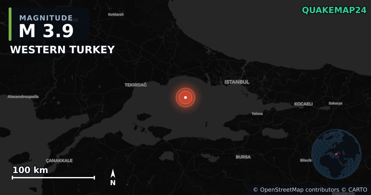 M3.9 earthquake near WESTERN TURKEY on Apr 23, 2025 — map of epicenter and shaking intensity | QuakeMap24