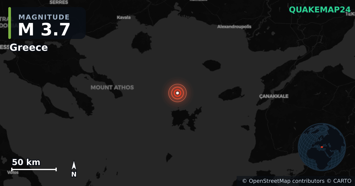 M3.7 earthquake near Greece on Jul 6, 2026 — map of epicenter and shaking intensity | QuakeMap24