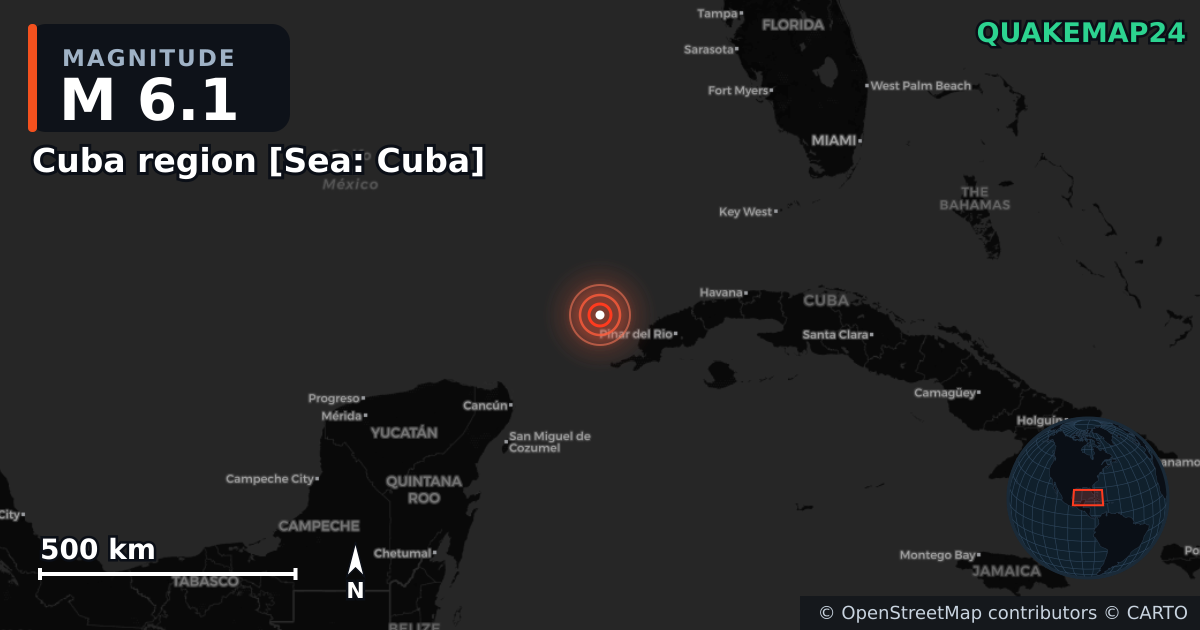 M6.1 earthquake near Cuba region [Sea: Cuba] on Jun 8, 2026 — map of epicenter and shaking intensity | QuakeMap24
