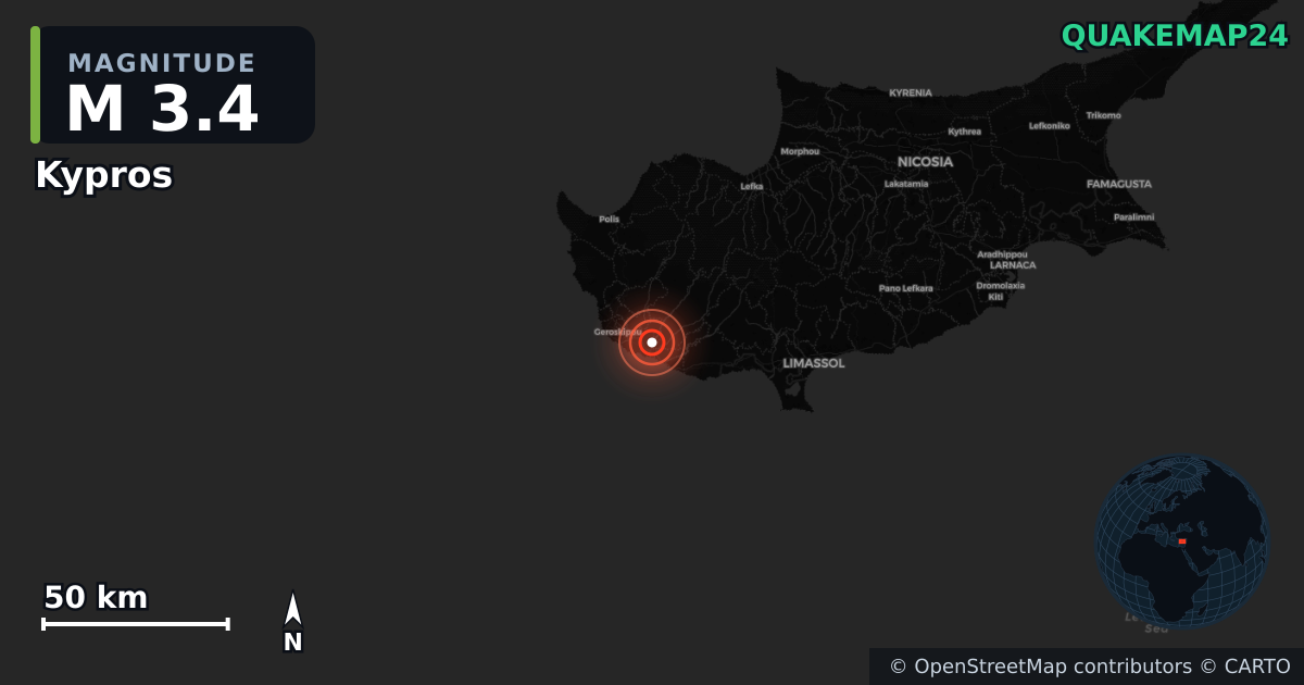 M3.4 earthquake near Kypros on Nov 12, 2025 — map of epicenter and shaking intensity | QuakeMap24