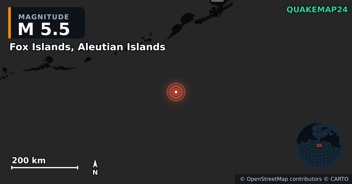 M5.5 earthquake near Fox Islands, Aleutian Islands on Jun 28, 2025 — map of epicenter and shaking intensity | QuakeMap24