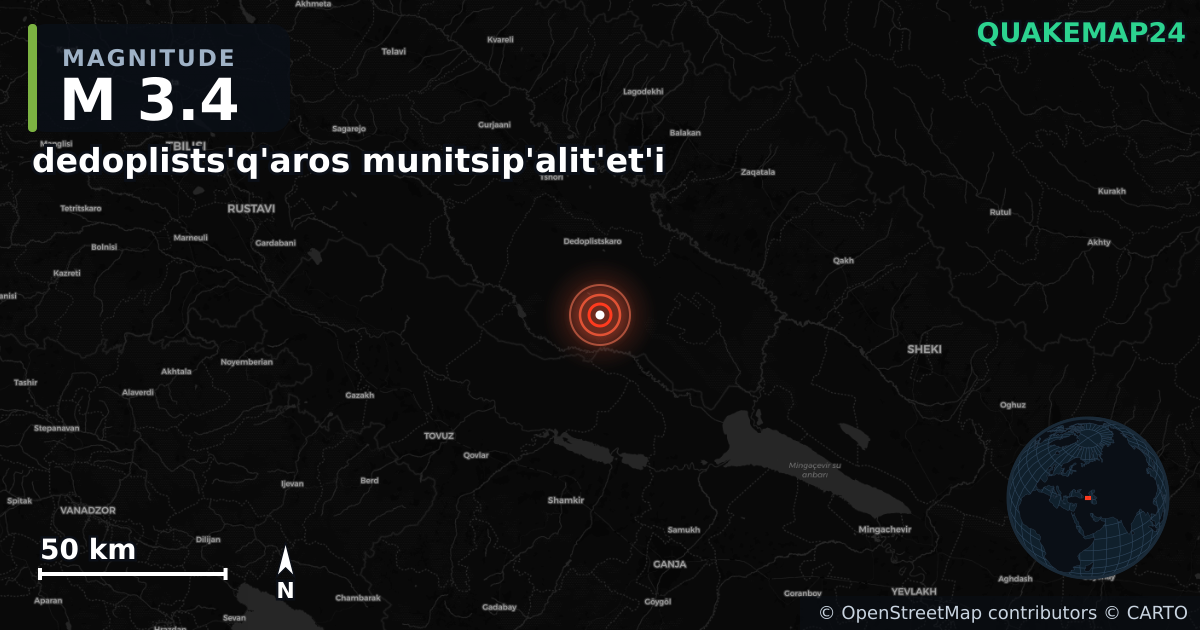 M3.4 earthquake near dedoplists'q'aros munitsip'alit'et'i on Jan 18, 2026 — map of epicenter and shaking intensity | QuakeMap24