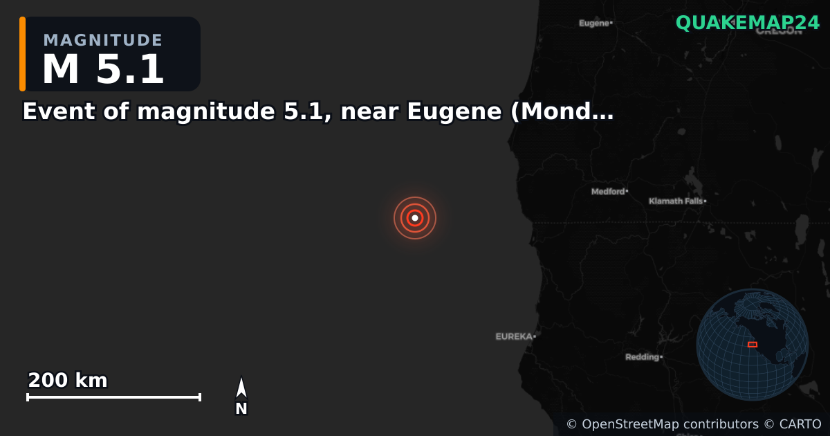 M5.1 earthquake near Event of magnitude 5.1, near Eugene (Monde) on Jun 3, 2026 — map of epicenter and shaking intensity | QuakeMap24