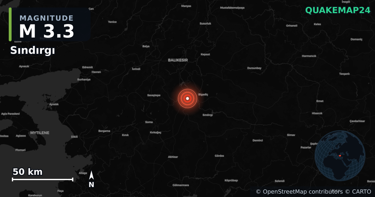 M3.3 earthquake near Sındırgı on Jul 6, 2026 — map of epicenter and shaking intensity | QuakeMap24