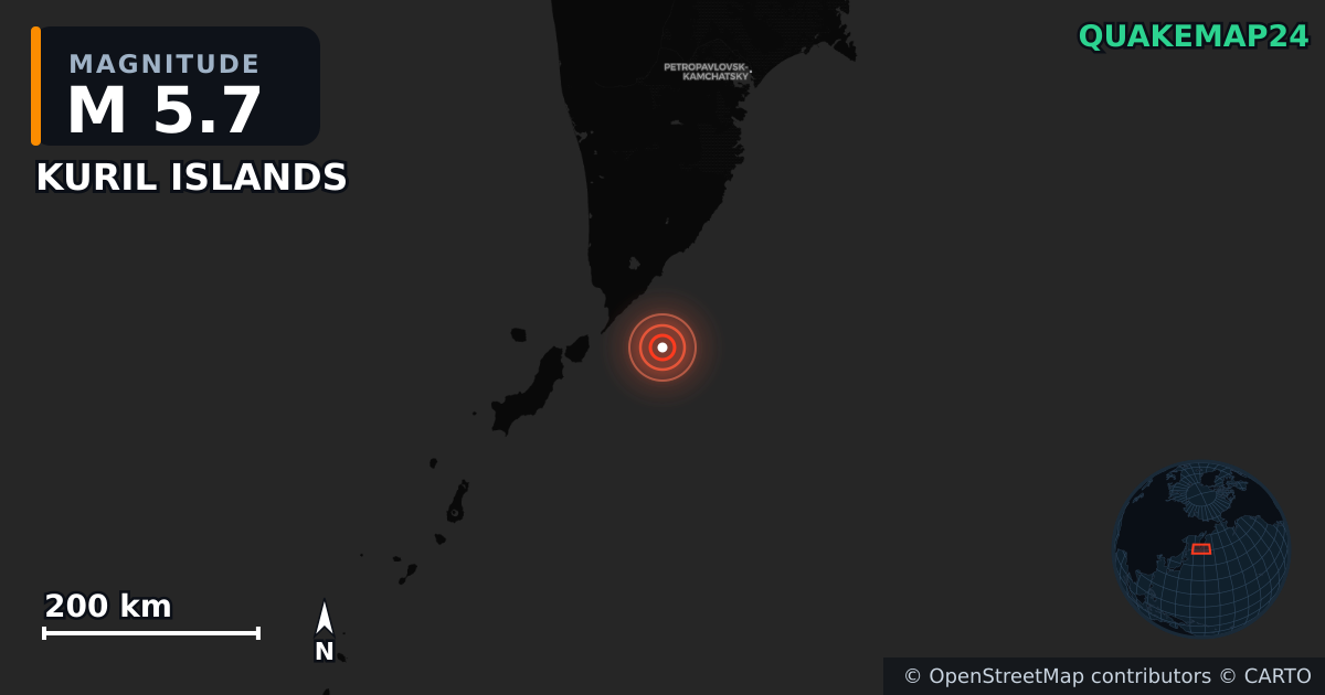 M5.7 earthquake near KURIL ISLANDS on May 17, 2026 — map of epicenter and shaking intensity | QuakeMap24