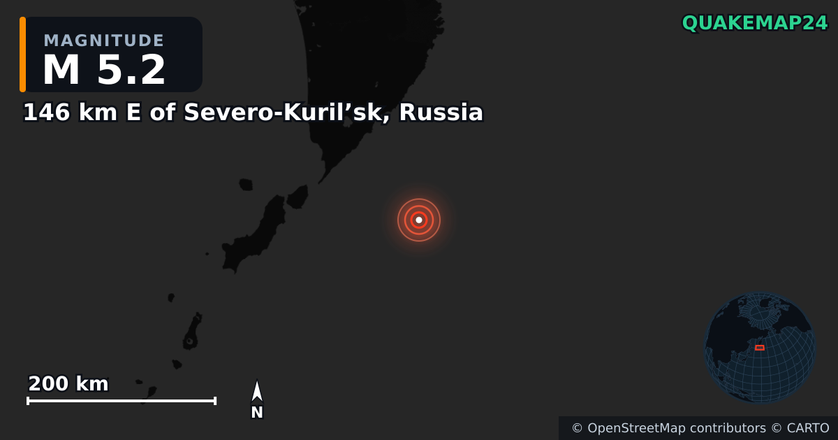 Terremoto de M5,2 cerca de 146 km E of Severo-Kuril’sk, Russia — Mapa de la ubicación del epicentro