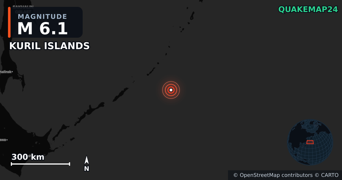 M6.1 earthquake near KURIL ISLANDS on Jun 13, 2025 — map of epicenter and shaking intensity | QuakeMap24