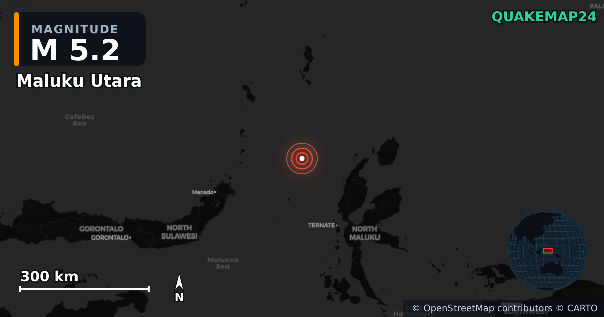 M5.2 earthquake near Maluku Utara on Jun 17, 2025 — map of epicenter and shaking intensity | QuakeMap24