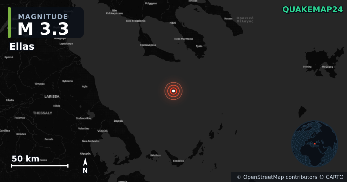 M3.3 earthquake near Ellas on Nov 9, 2025 — map of epicenter and shaking intensity | QuakeMap24