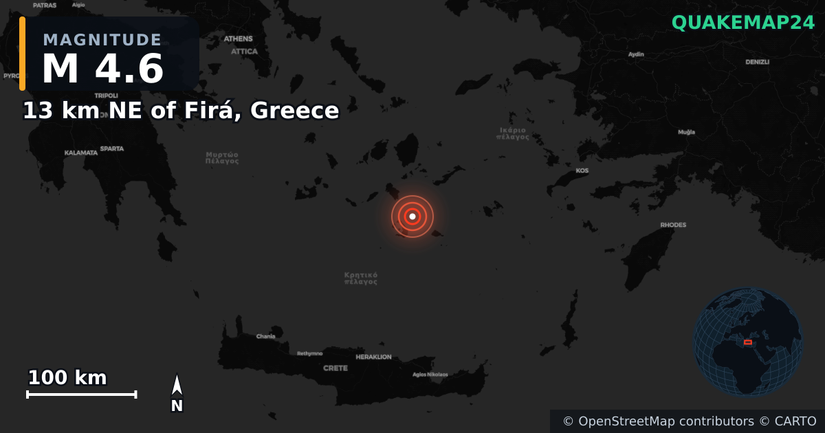 M4.6 earthquake near 13 km NE of Firá, Greece on Feb 8, 2025 — map of epicenter and shaking intensity | QuakeMap24