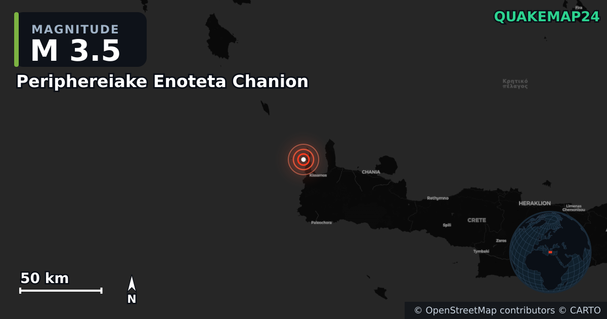 M3.5 earthquake near Periphereiake Enoteta Chanion on Jan 23, 2026 — map of epicenter and shaking intensity | QuakeMap24