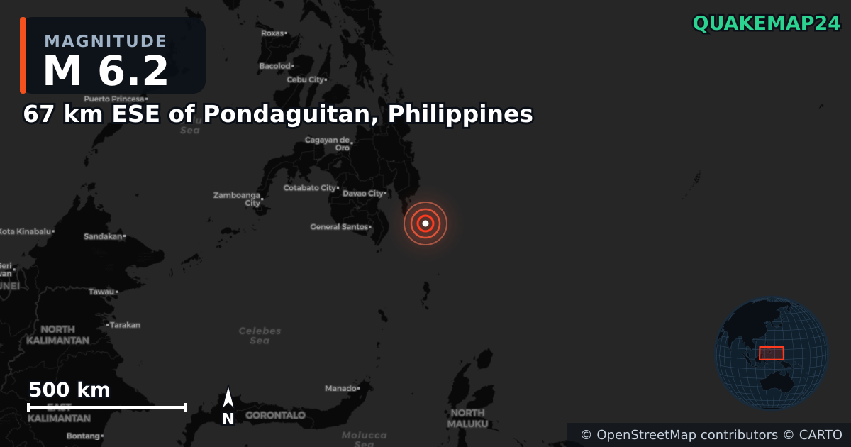 M6.2 Earthquake near 67 km ESE of Pondaguitan, Philippines · 2026-06-15 — Map showing the location of the epicenter