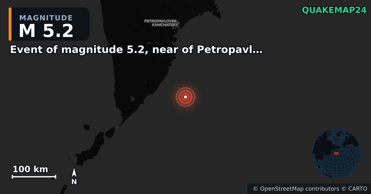 M5.2 earthquake near Event of magnitude 5.2, near of Petropavlovsk Kamchatskiy (Monde) on Jan 1, 2026 — map of epicenter and shaking intensity | QuakeMap24