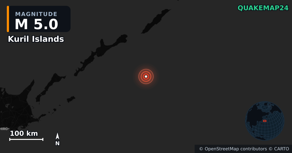 M5.0 earthquake near Kuril Islands on May 29, 2025 — map of epicenter and shaking intensity | QuakeMap24