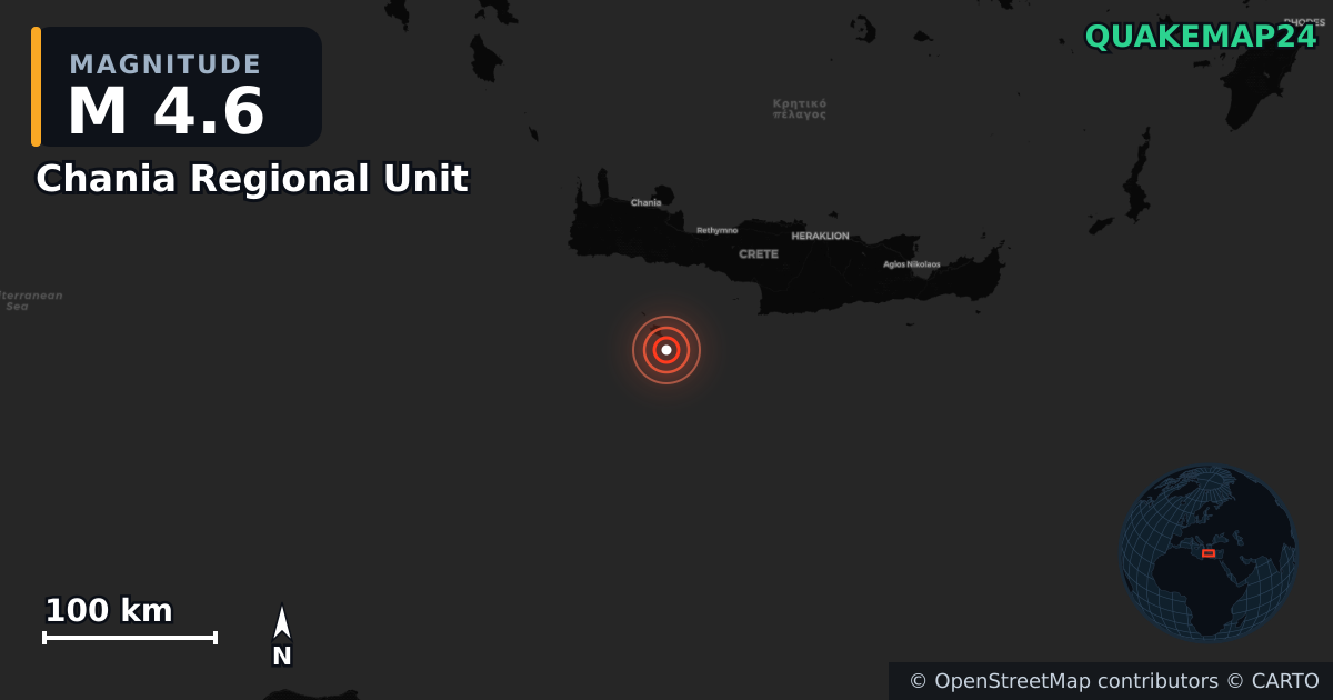Σεισμός M4,6 κοντά στο Chania Regional Unit, Region of Crete (Ελλάδα) — Χάρτης της θέσης του επικέντρου