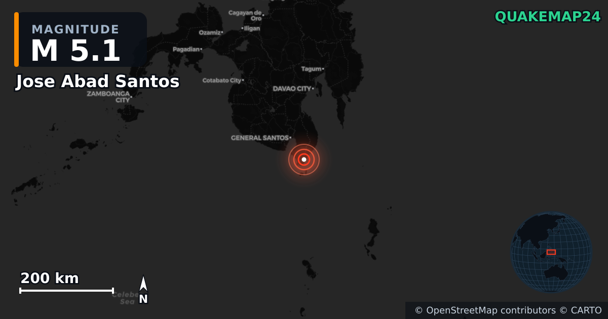 M5.1 earthquake near Jose Abad Santos on Jul 14, 2026 — map of epicenter and shaking intensity | QuakeMap24