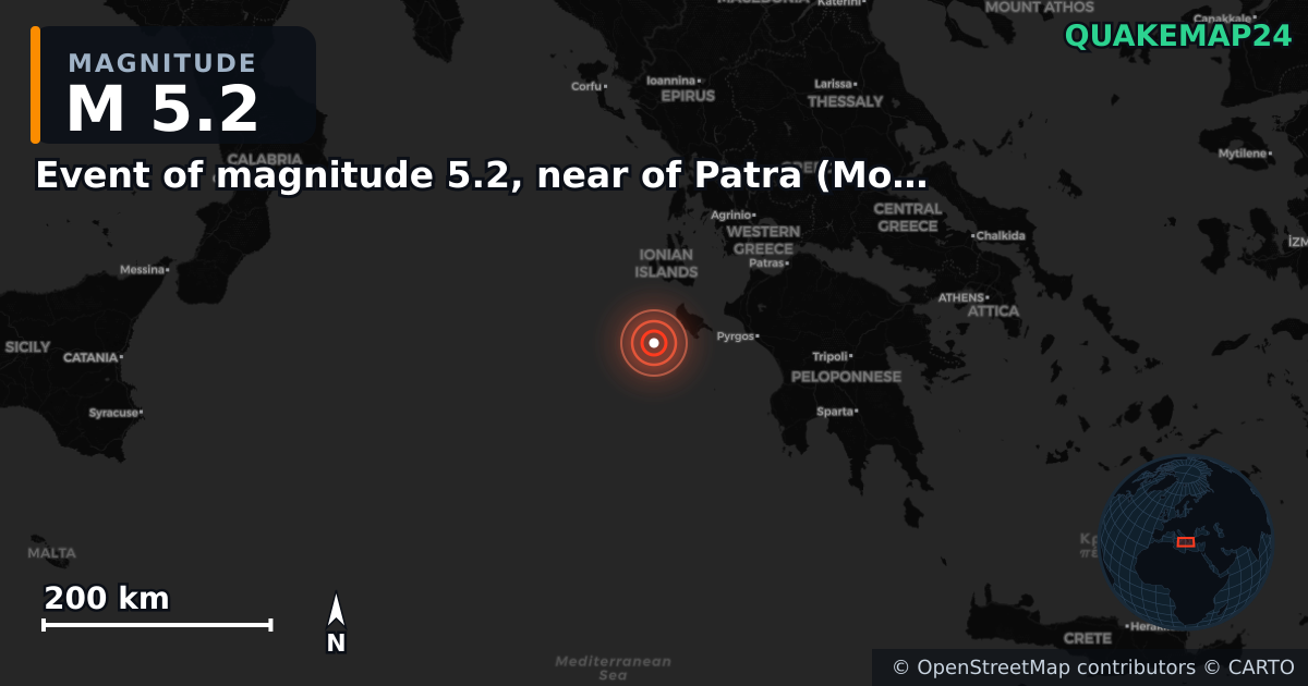 Erdbeben M5,2 bei Event of magnitude 5.2, near of Patra (Monde) · 2025-12-15 — Karte der Lage des Epizentrums