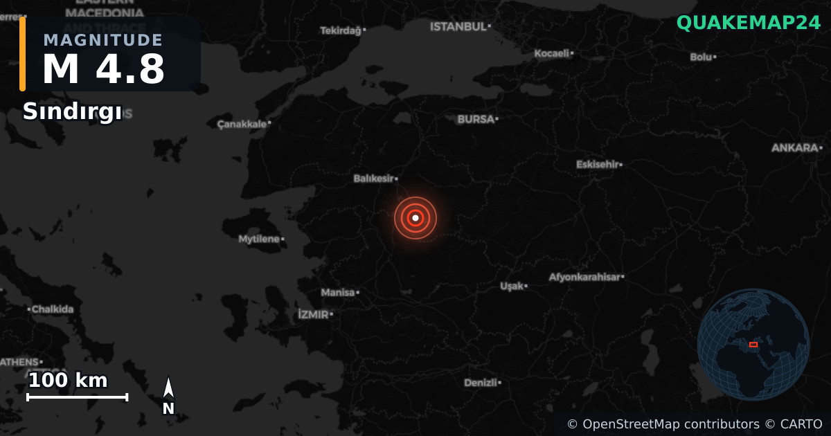 M4.8 earthquake near Sındırgı on Nov 10, 2025 — map of epicenter and shaking intensity | QuakeMap24