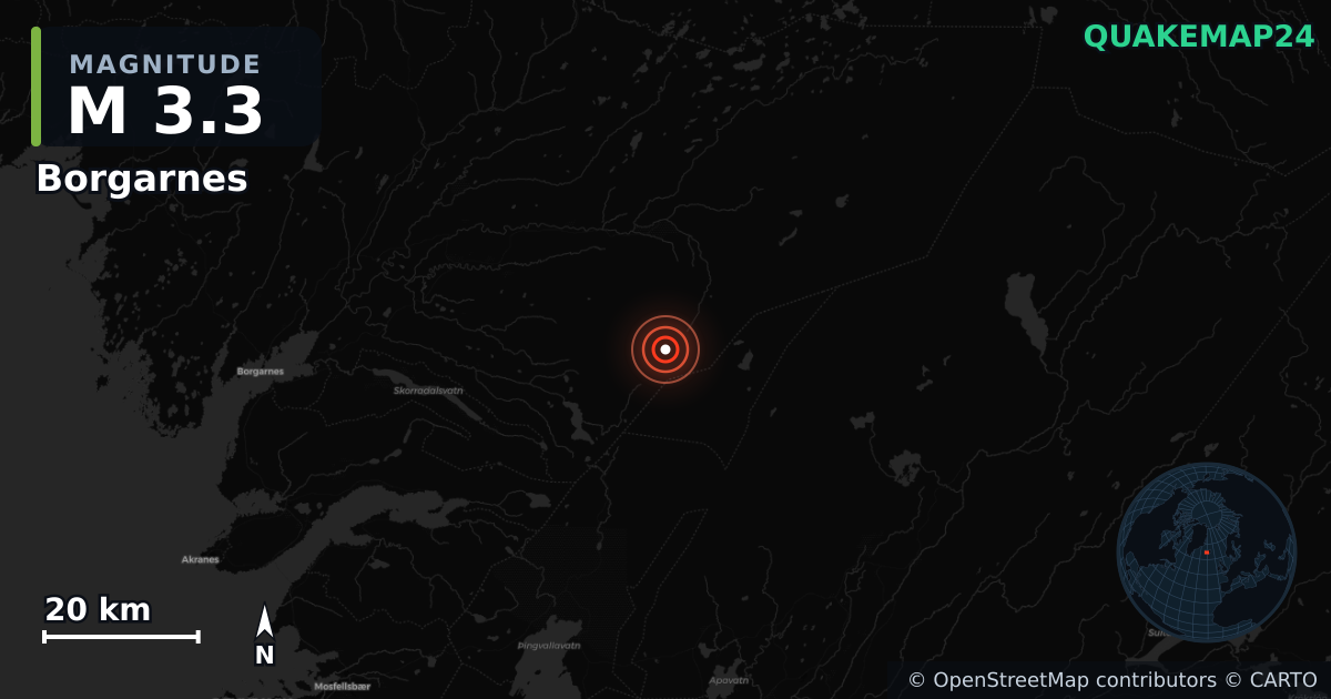 M3.3 earthquake near Borgarnes on Jun 24, 2026 — map of epicenter and shaking intensity | QuakeMap24